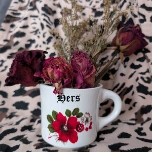 Vintage "hers" floral coffee mug. Red, green, white flowers. Gothic theme font